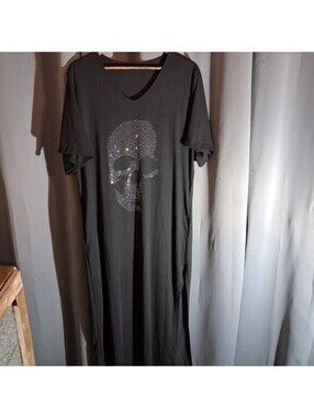 Black Maxi Dress with Rhinestone Skull Design, Size xxl